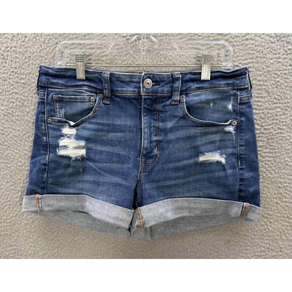 American Eagle Shorts Womens 12 Blue Midi Super Stretch Distressed Denim Casual